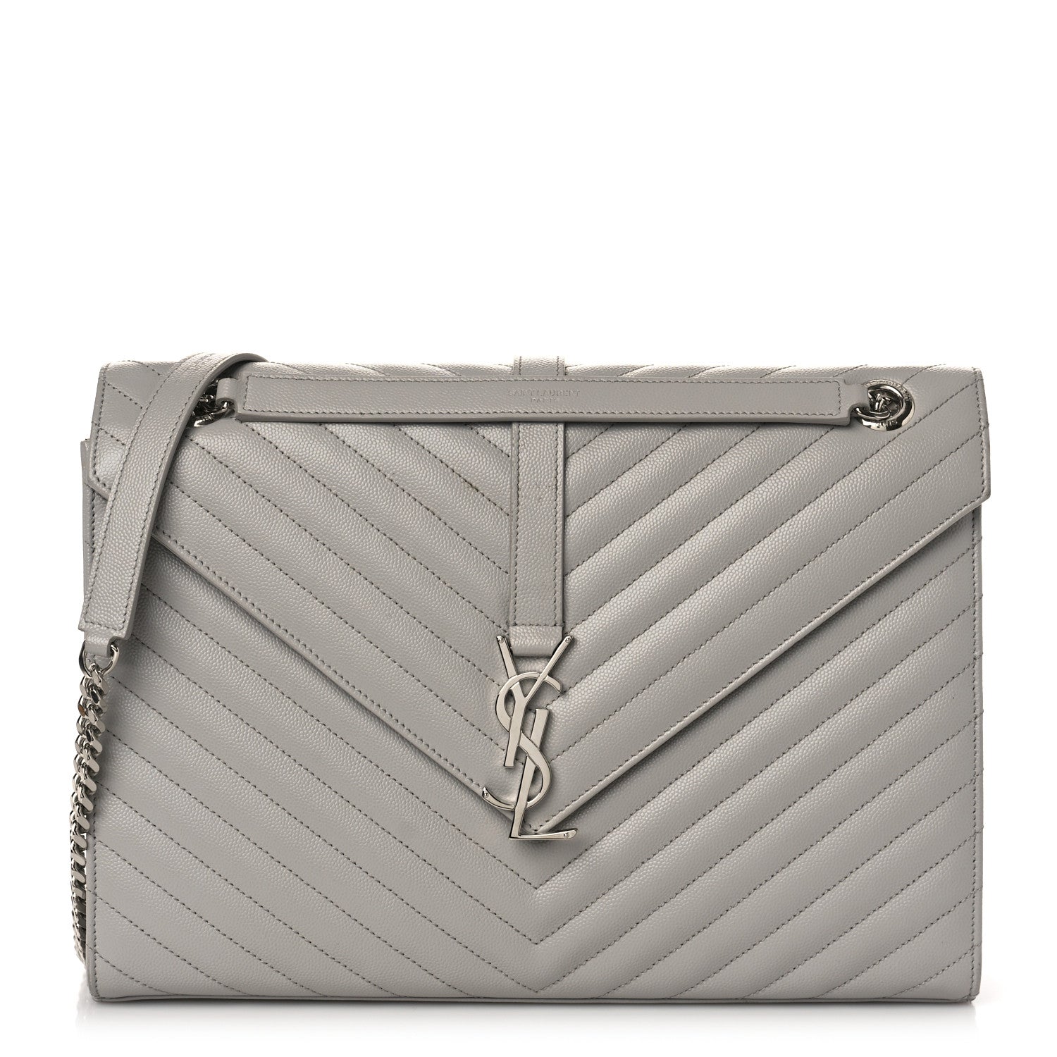 Saint Laurent Grain De Poudre Matelasse Chevron Large Monogram Satchel Light Grey 1 of 8