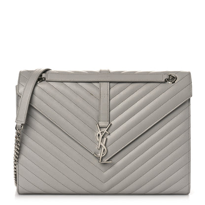 Saint Laurent Grain De Poudre Matelasse Chevron Large Monogram Satchel Light Grey 1 of 8