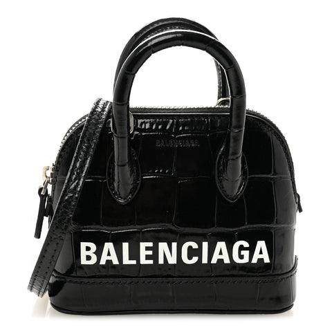 Shiny Calfskin Logo Crocodile Embossed Mini Ville Top Handle Bag Black