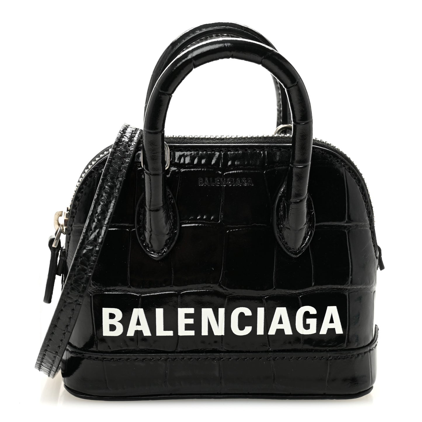 Shiny Calfskin Logo Crocodile Embossed Mini Ville Top Handle Bag Black