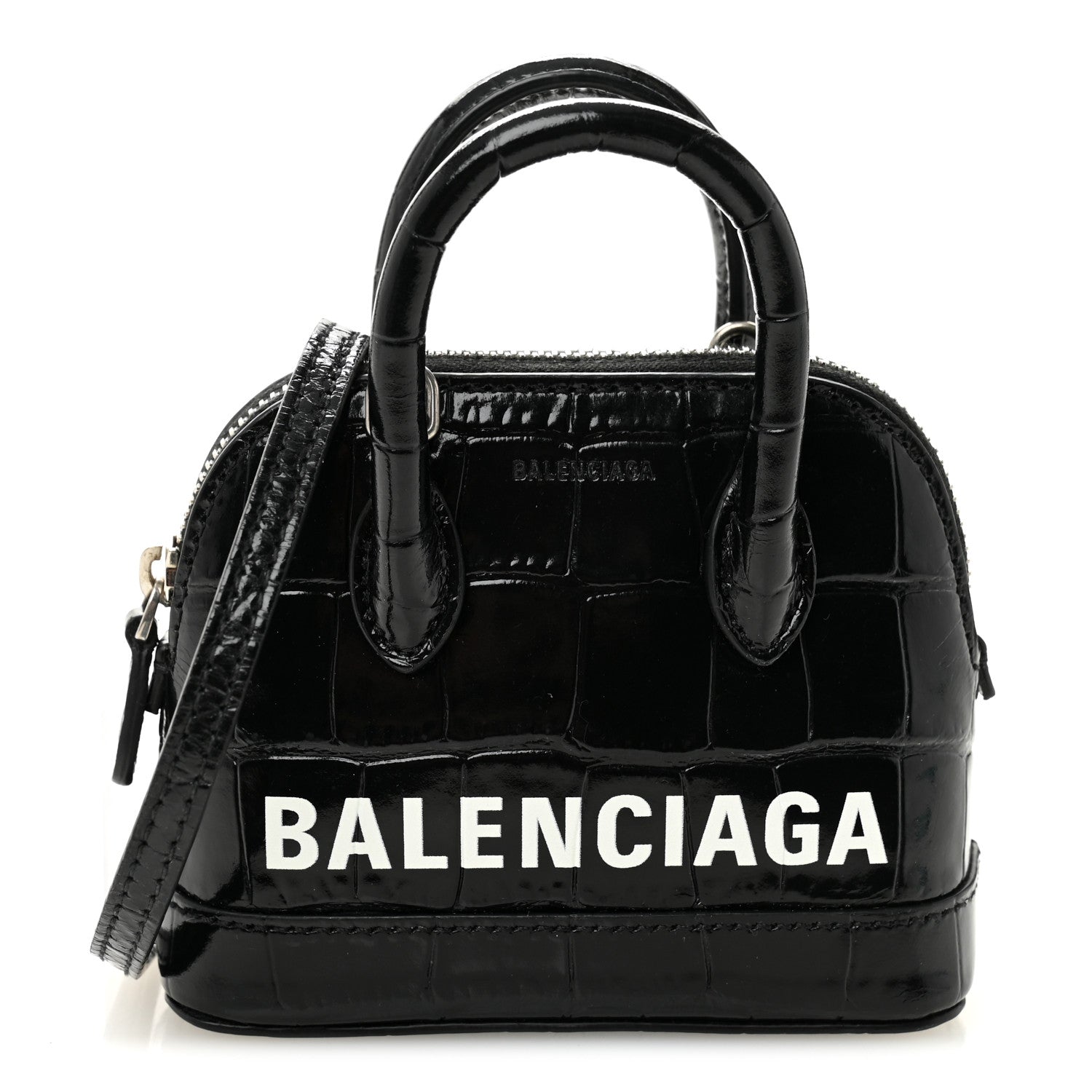 Balenciaga Shiny Calfskin Logo Crocodile Embossed Mini Ville Top Handle Bag Black 1 of 10