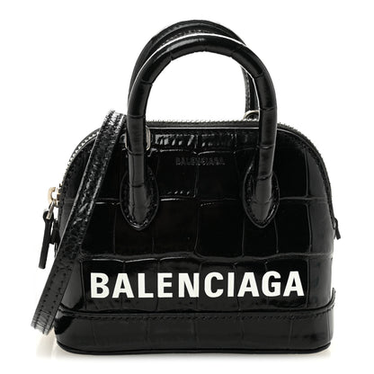 Balenciaga Shiny Calfskin Logo Crocodile Embossed Mini Ville Top Handle Bag Black 1 of 10
