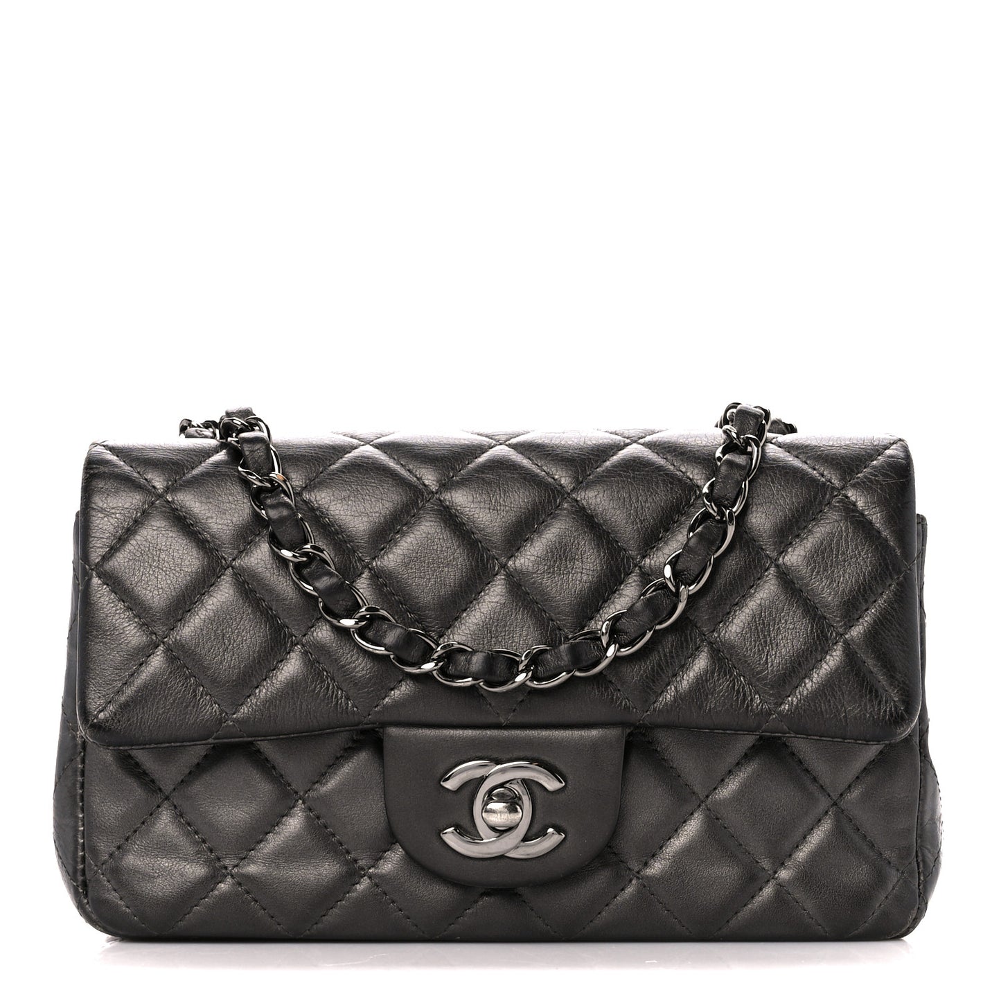 Metallic Calfskin Quilted Mini Rectangular Flap Grey