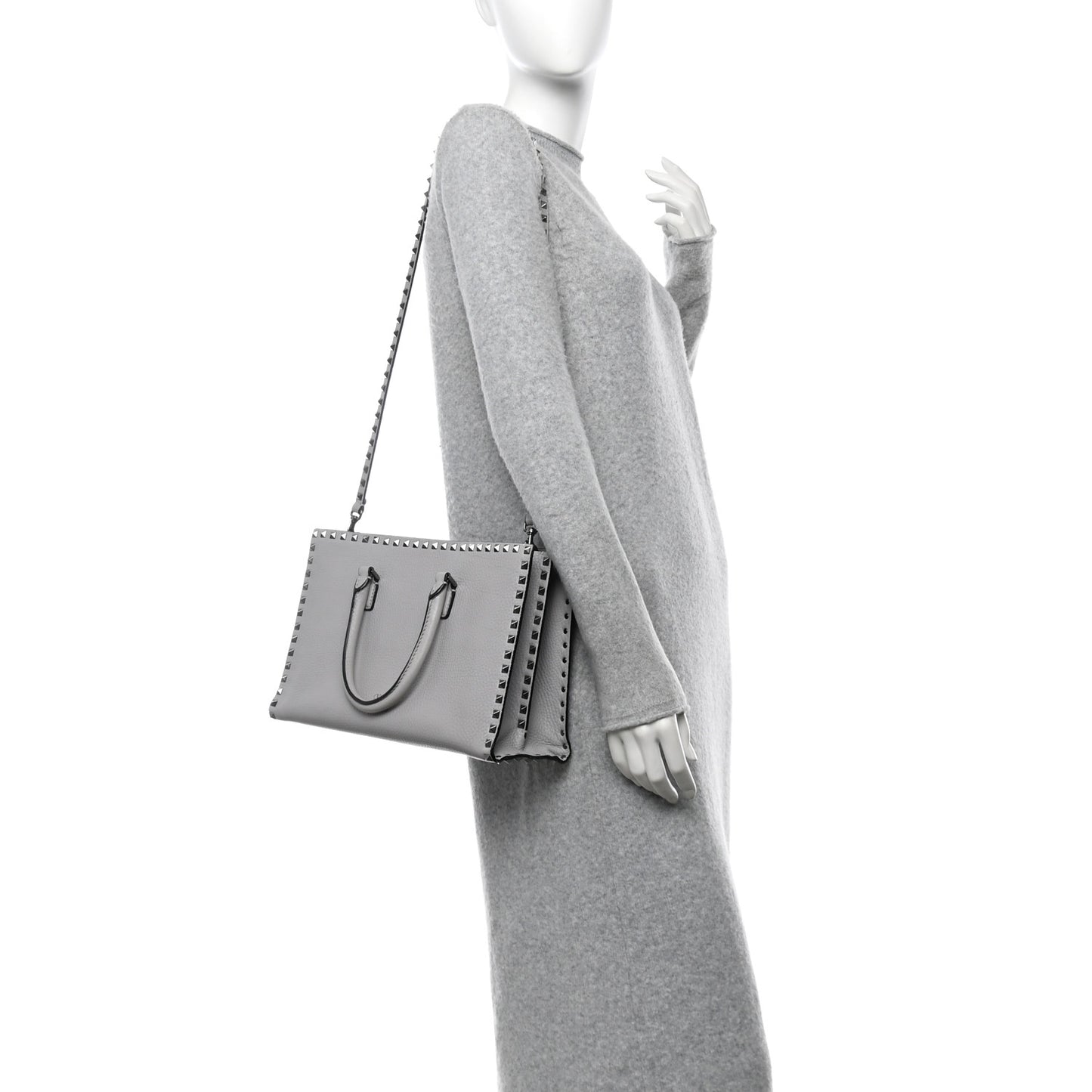 Grained Calfskin Medium Rockstud Double Handle Horizontal Tote Pastel Grey