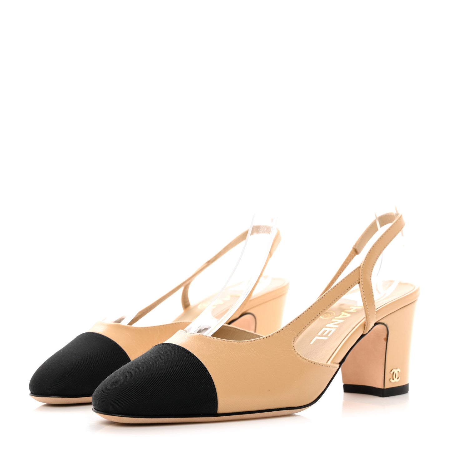 Goatskin Grosgrain Cap Toe CC Slingback Pumps 38 Beige Black