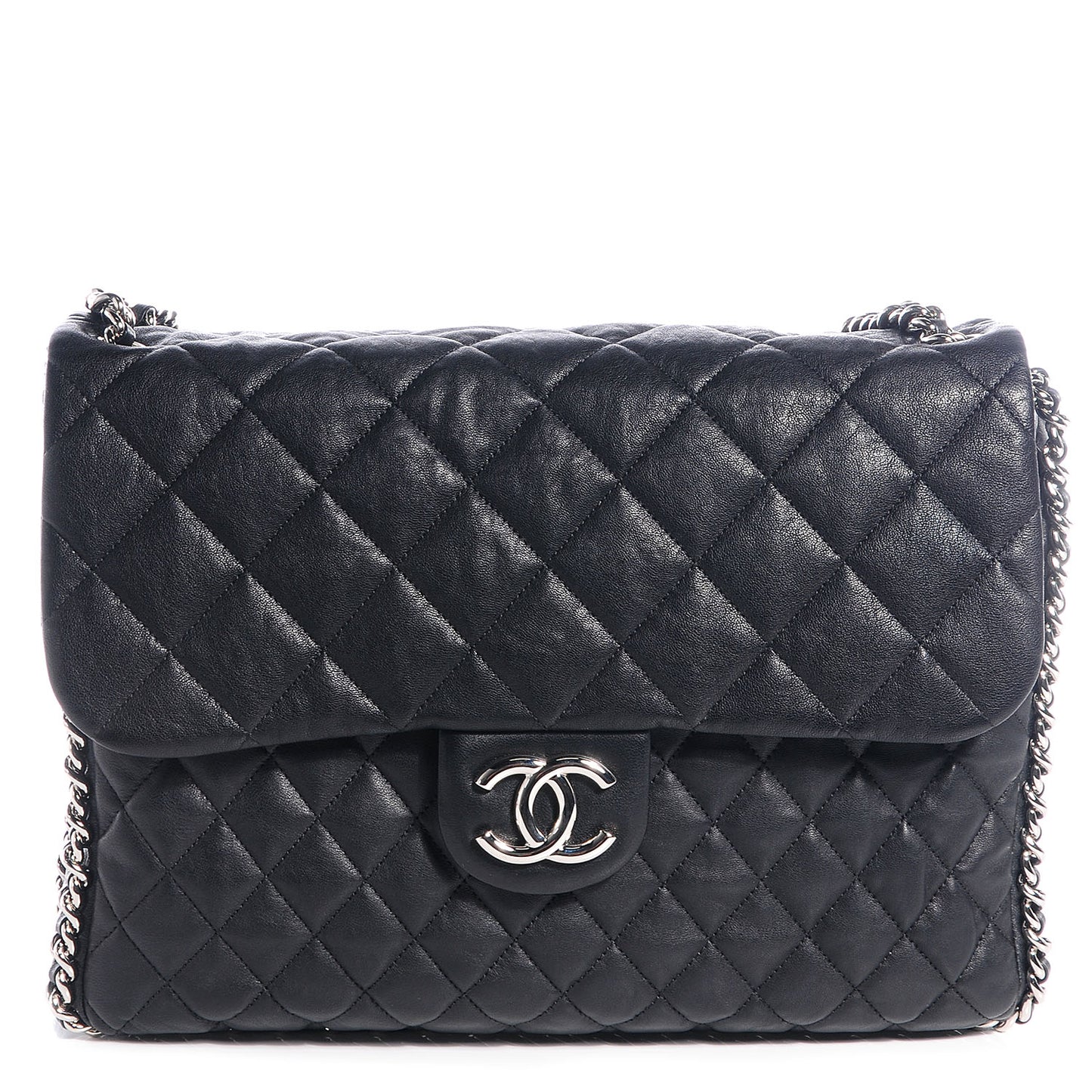 Washed Lambskin Chain Around Maxi Flap Bag Black