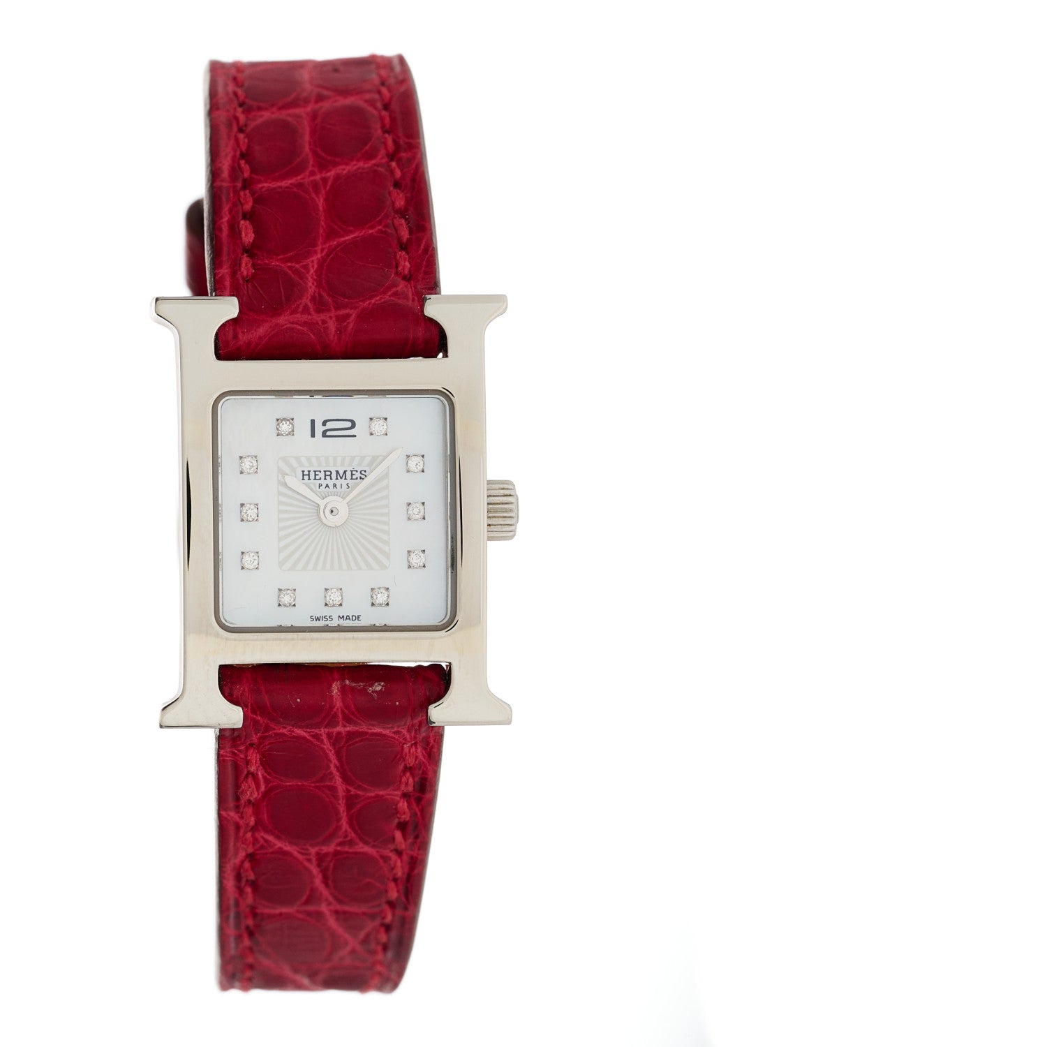 Hermes Stainless Steel Alligator Diamond Mother of Pearl 17.2mm Heure H Hour Quartz Watch Braise 2 of 5