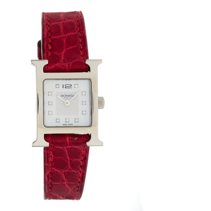 Hermes Stainless Steel Alligator Diamond Mother of Pearl 17.2mm Heure H Hour Quartz Watch Braise 2 of 5