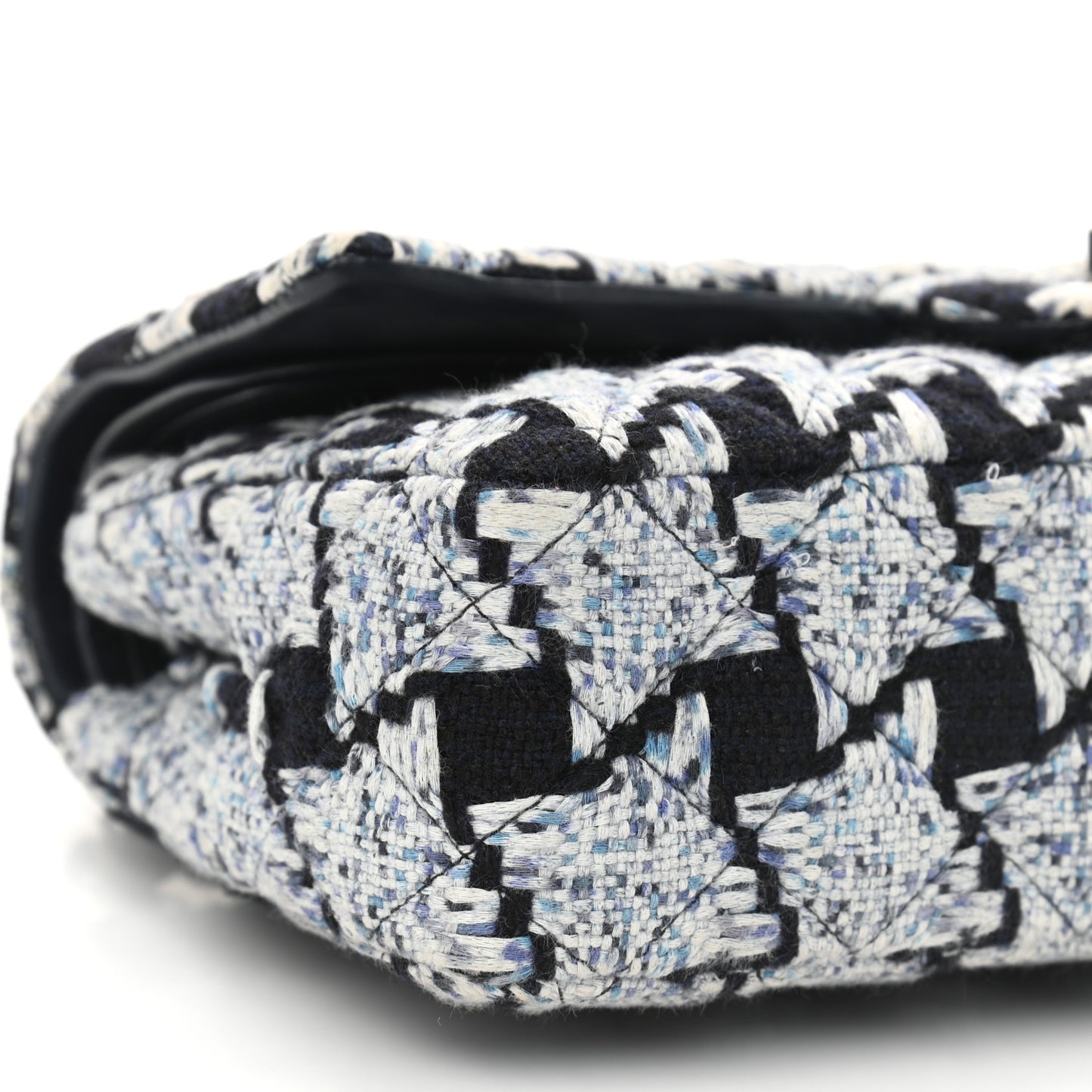 Tweed Quilted Medium Double Flap Black White Light Blue