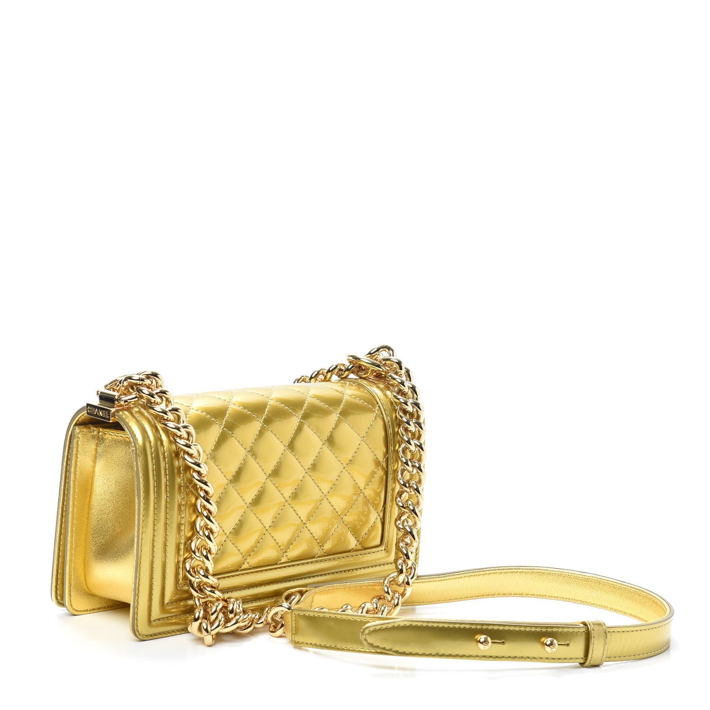 Metallic Patent Calfskin Quilted Small Boy Flap Gold