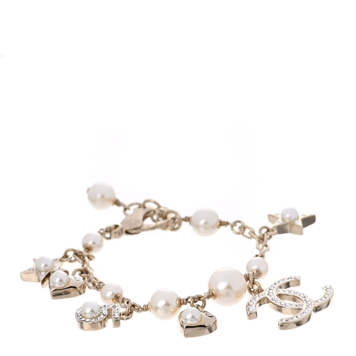 Crystal Pearl CC Charming Bracelet Gold
