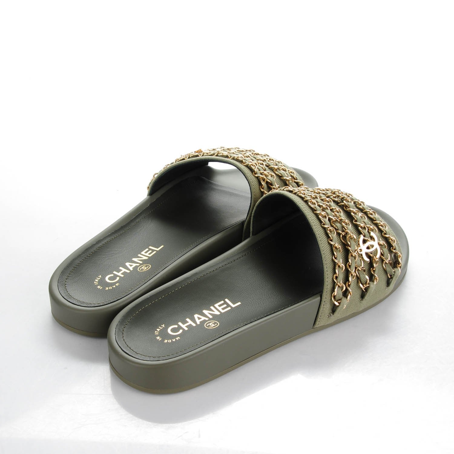 Chanel Lambskin Canvas Chain Flat Sandals 39 Green 4 of 8