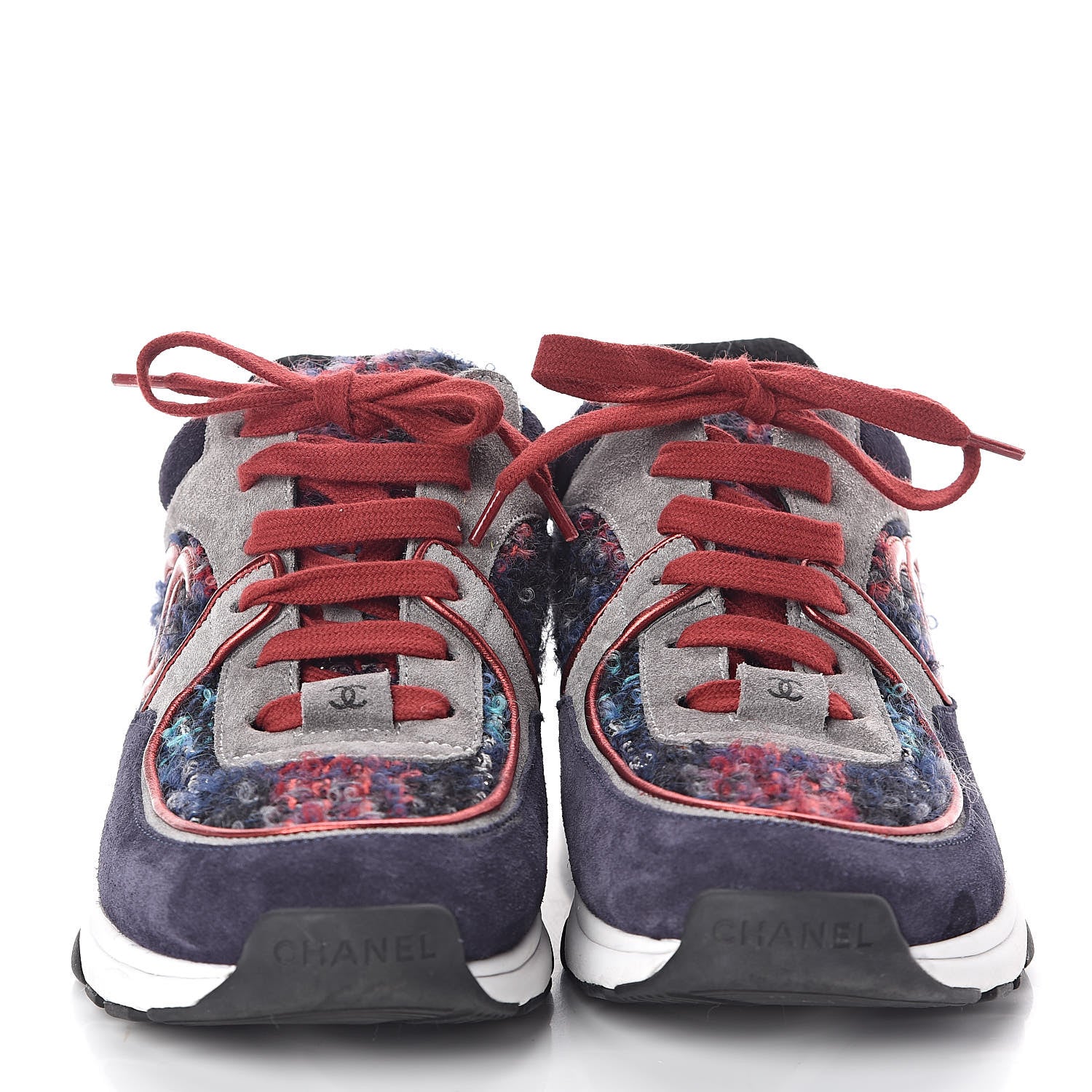 Chanel Tweed Suede Calfskin Womens CC Sneakers 38 Grey Red Navy 2 of 7