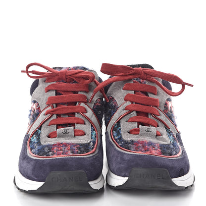 Chanel Tweed Suede Calfskin Womens CC Sneakers 38 Grey Red Navy 2 of 7