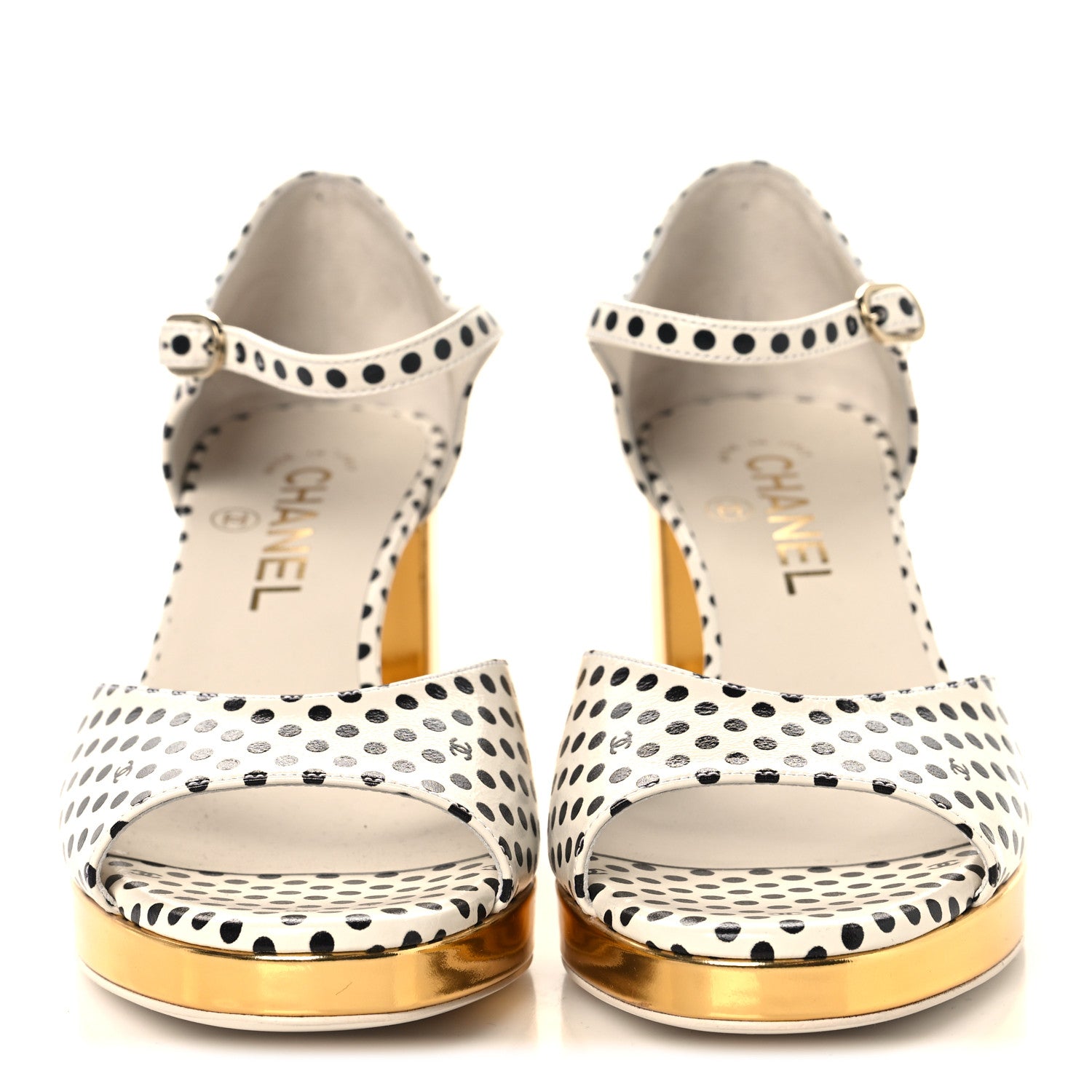 Chanel Printed Calfskin Polka Dot CC Platform Sandals 36.5 Ivory Black 3 of 8