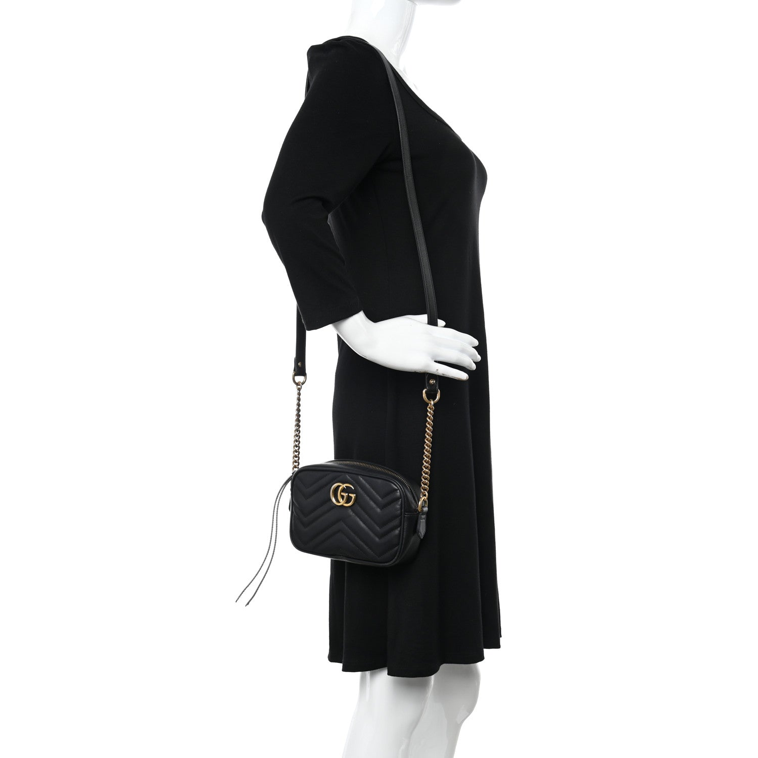 Gucci Calfskin Matelasse Mini GG Marmont Chain Shoulder Bag Black 2 of 11