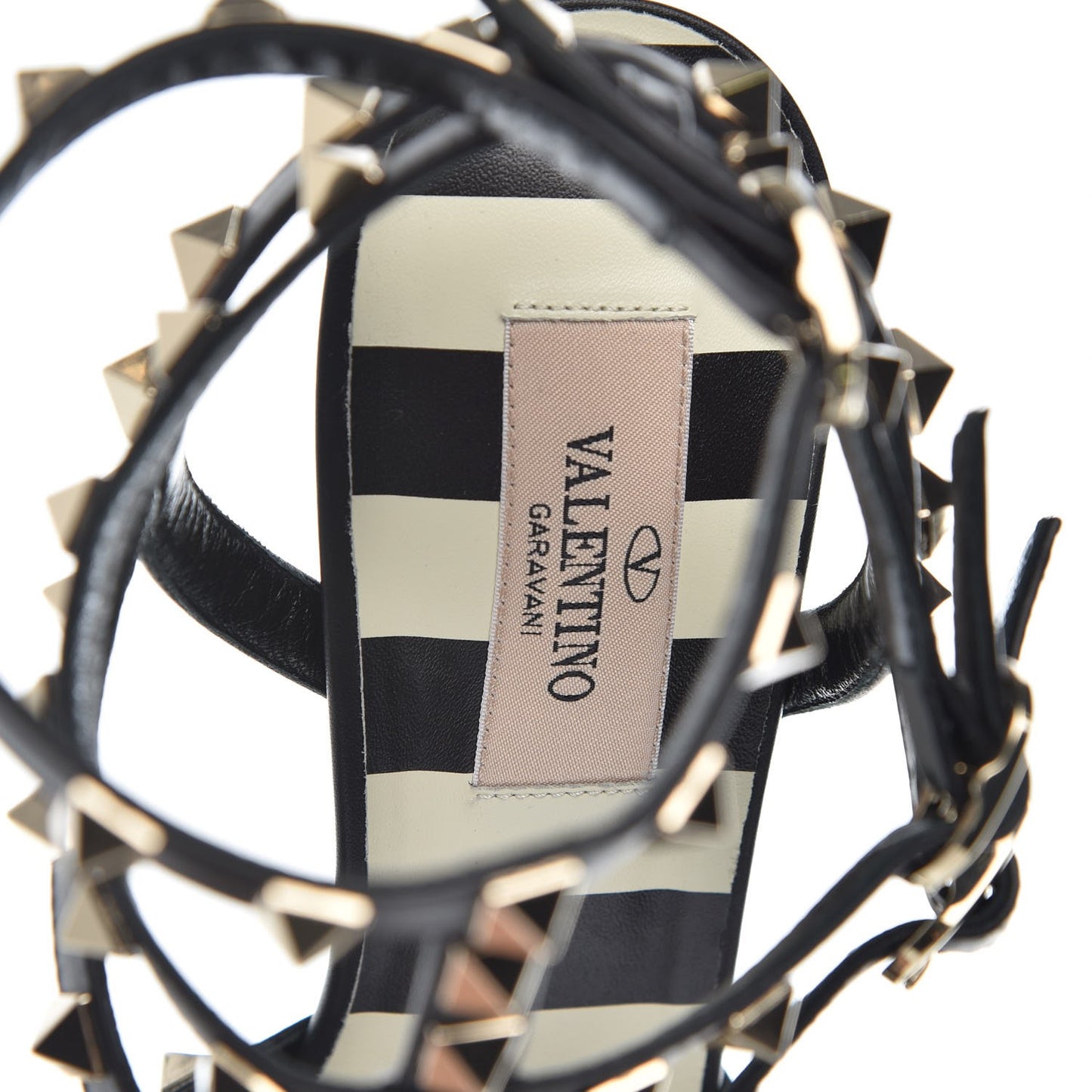 Calfskin Striped Rockstud Ankle Strap 65mm Pumps 38 Light Ivory Black