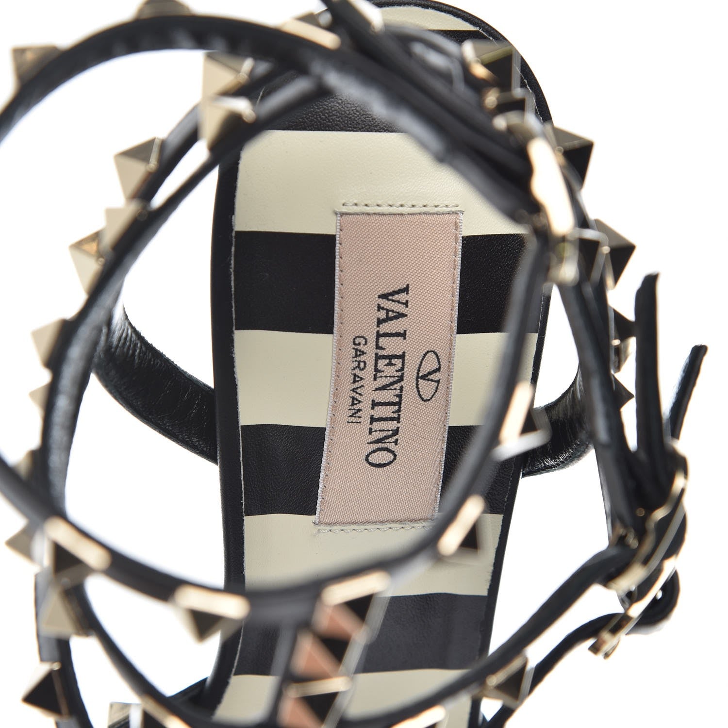 Valentino Garavani Calfskin Striped Rockstud Ankle Strap 65mm Pumps 38 Light Ivory Black 7 of 9
