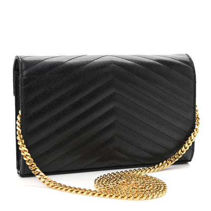 Saint Laurent Grain De Poudre Matelasse Chevron Monogram Chain Wallet Black 3 of 12