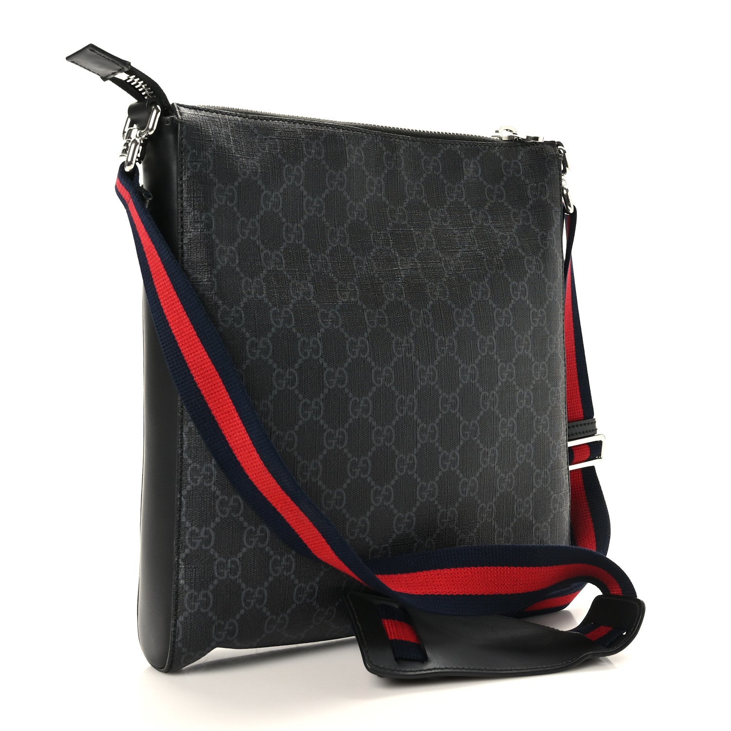 Gucci GG Supreme Monogram Appia Calfskin Web Flat Messenger Bag Black Grey 3 of 10