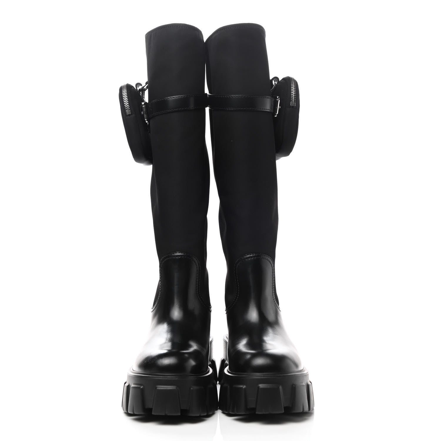 Prada Spazzolato Rois Re-Nylon Metal Triangle Logo Monolith Pouch Pocket 55mm Tall Boots 38 Black 2 of 5