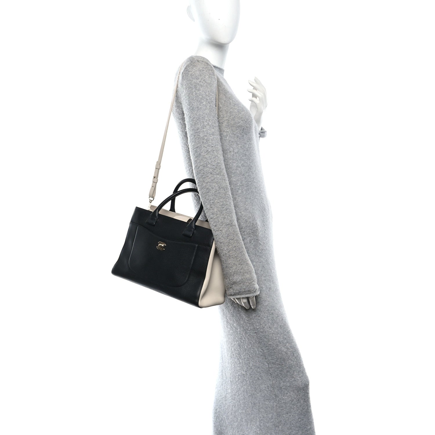 Chanel Grained Calfskin Small Bi-Color Neo Executive Shopper Tote Black Beige 2 of 10