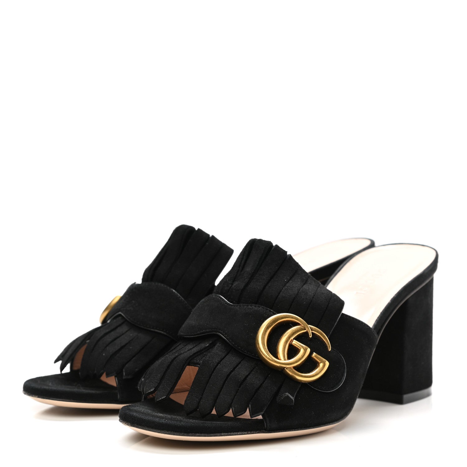 Gucci Kid Scamosciato GG Marmont Fringe 75mm Slide Sandals 37.5 Black 3 of 9