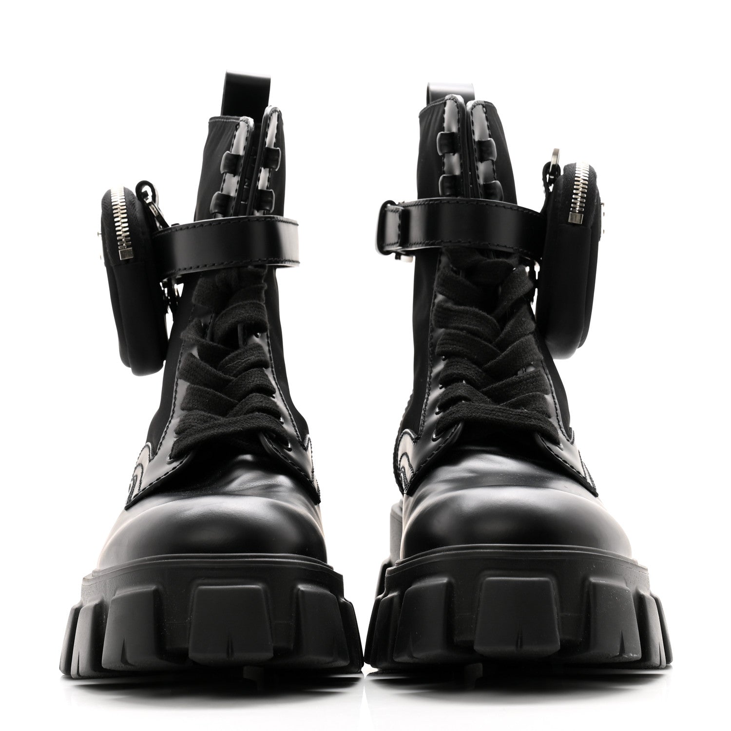 Prada Spazzolato Rois Re-Nylon Metal Triangle Logo Mens Monolith Pouch Pocket 60mm Combat Boots 8 Black 2 of 10