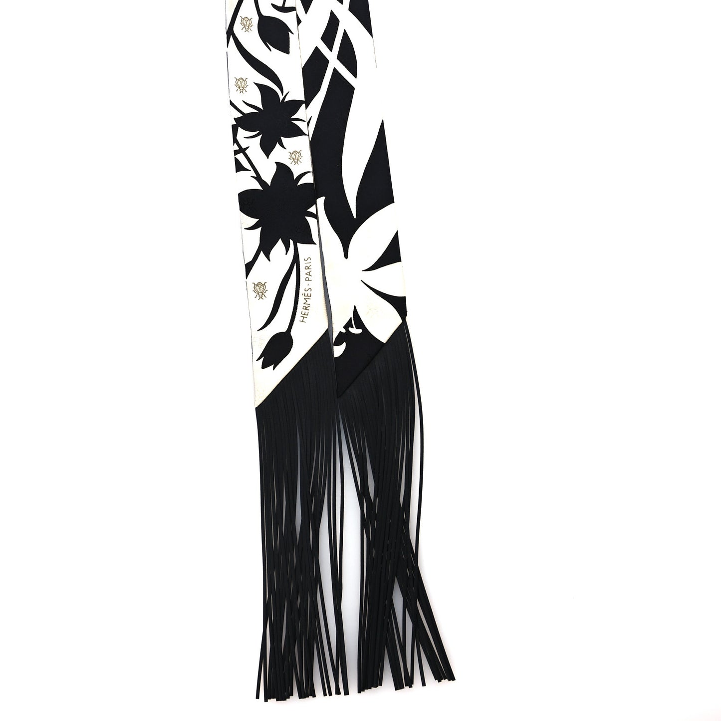 Silk Calfskin Bouquet Final Fringed Twilly Creme Black