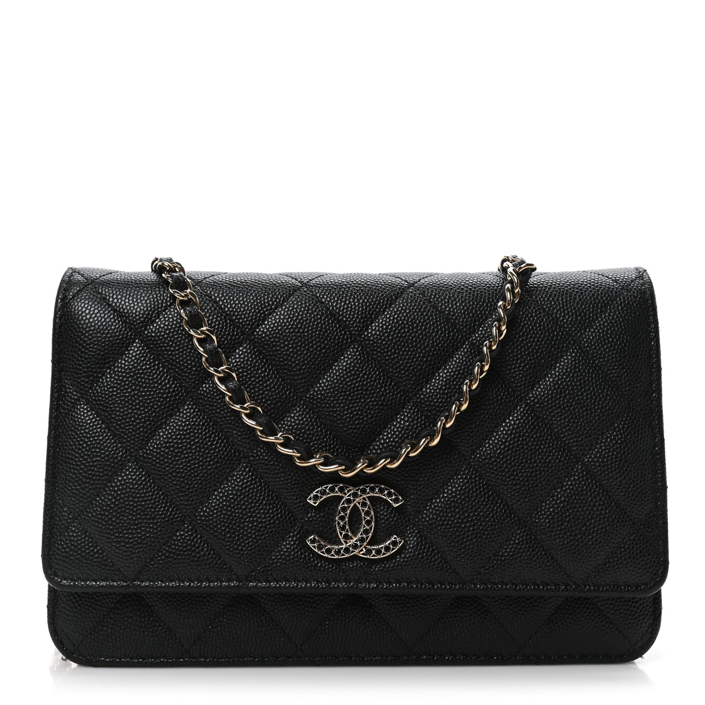 Shiny Caviar Quilted Strass CC Wallet On Chain WOC Black