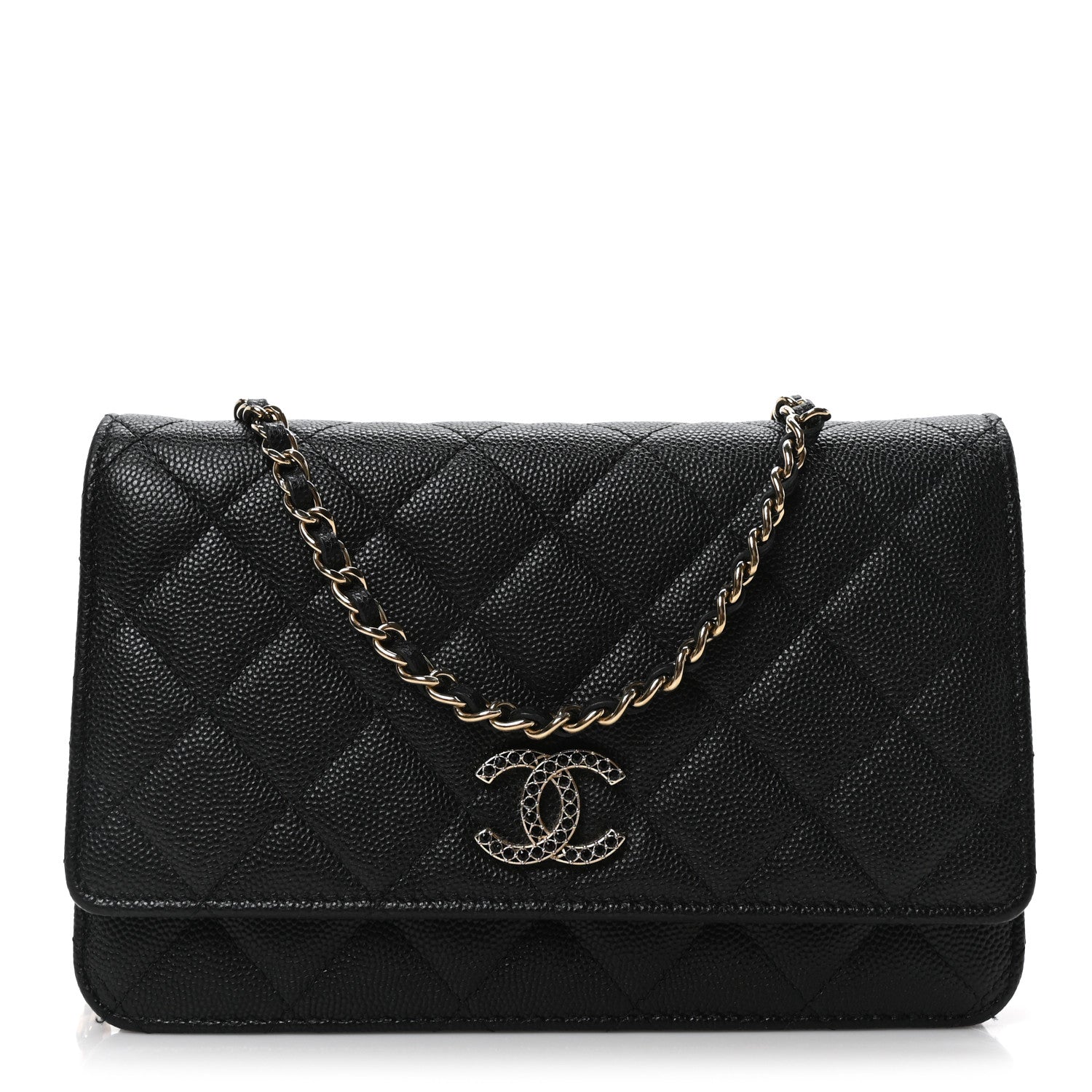 Chanel Shiny Caviar Quilted Strass CC Wallet On Chain WOC Black 1 of 11