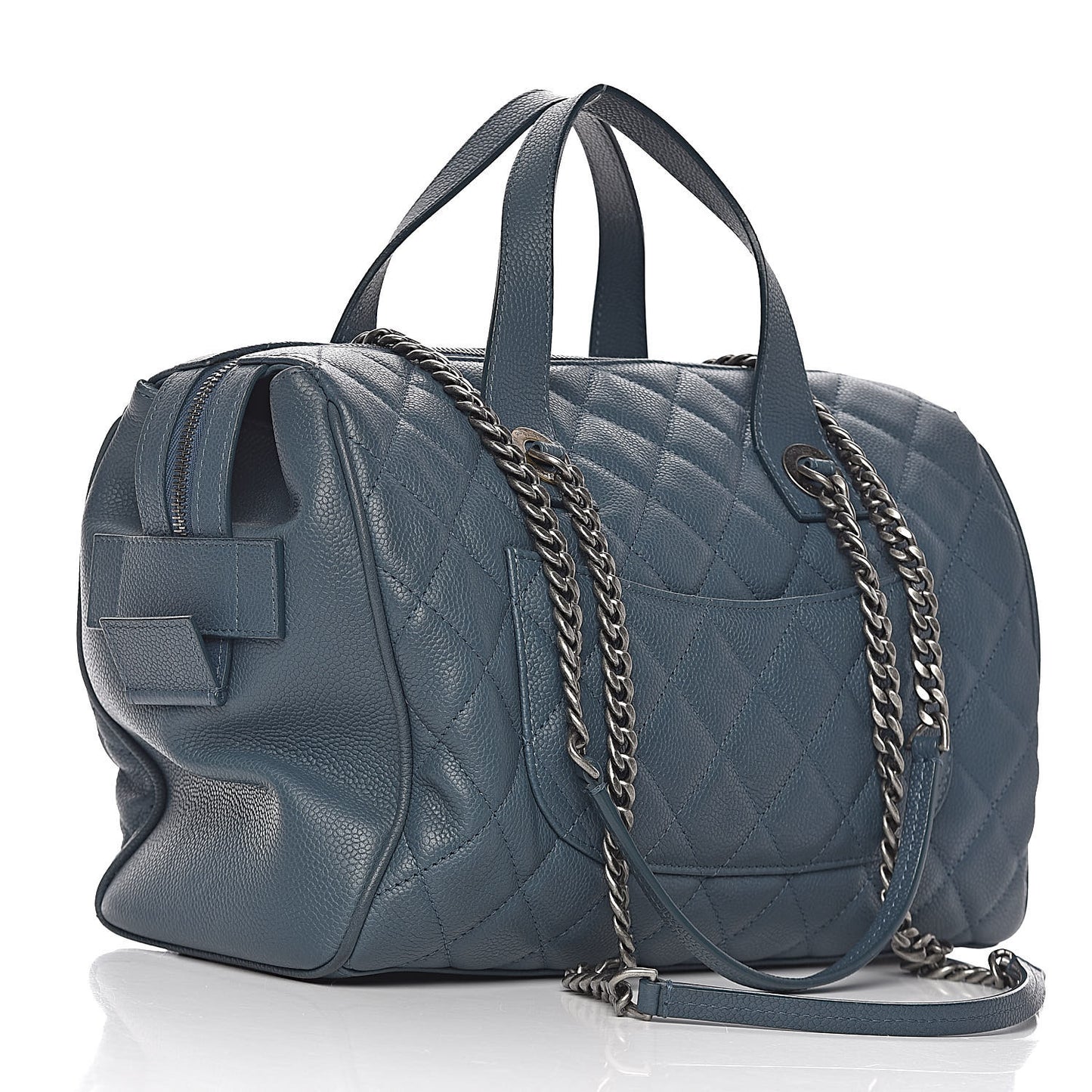 Grained Calfskin Quilted Large Casual Pocket Bowling Bag Blue