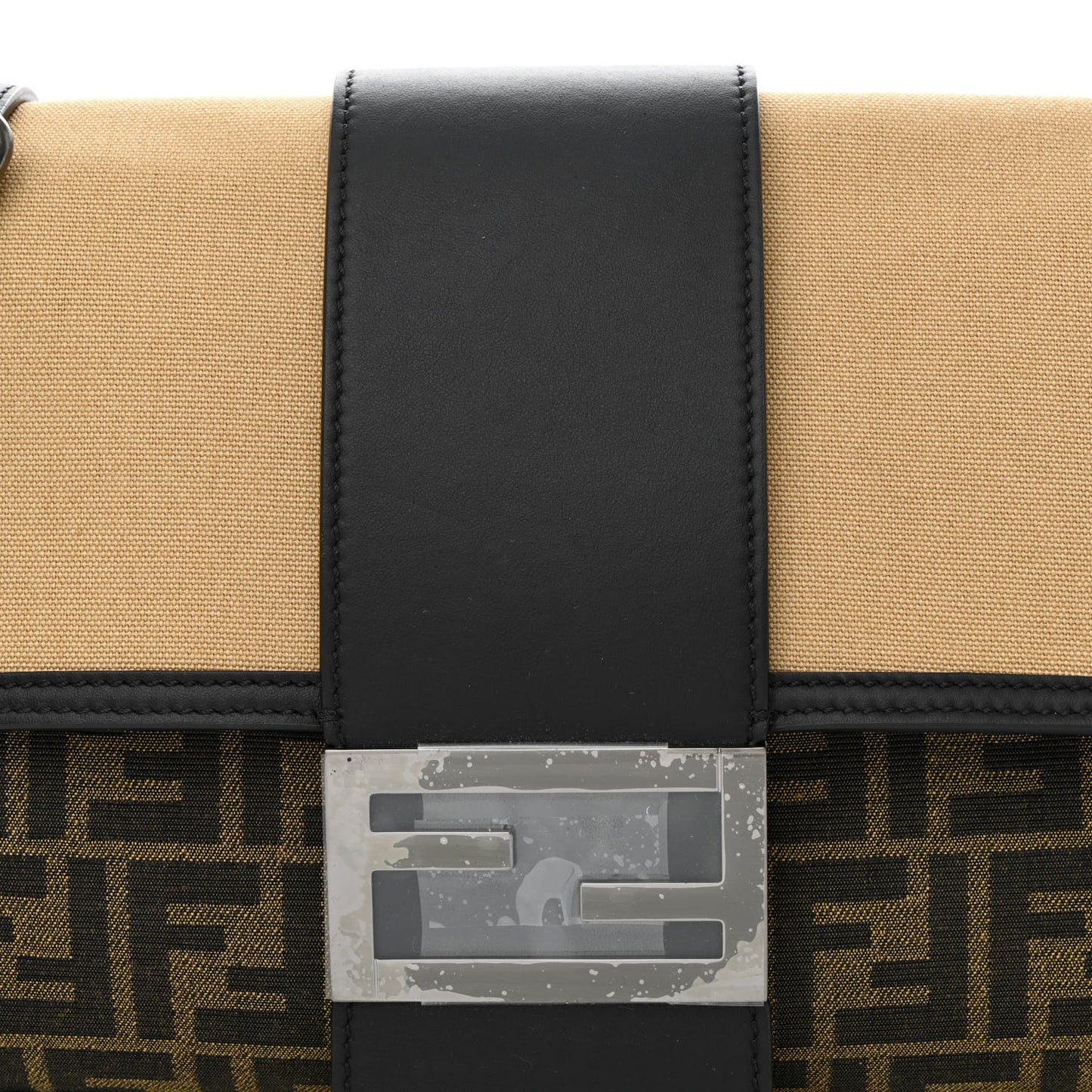 Recycled Fabric Jacquard Cotton Canvas Vitello Grace FF 1974 Large Convertible Baguette Tobacco Moro Black Beige