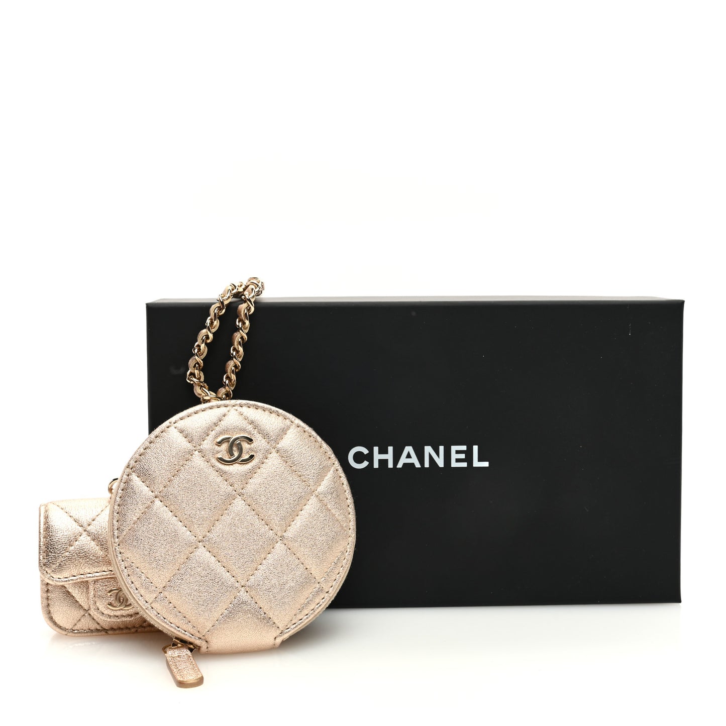 Metallic Lambskin Quilted Round Clip On Coin Purse Airpods Case Gold