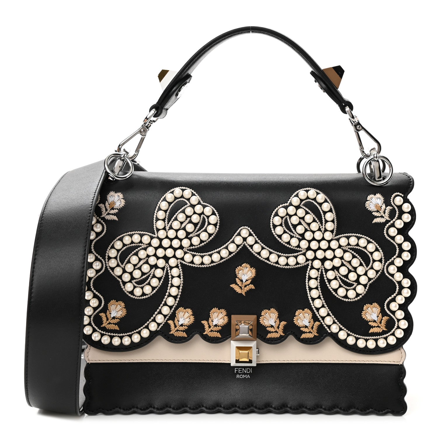 Fendi Vitello Liberty Pearl Bi-Color Flowers and Bows Scalloped Studded Kan I Shoulder Bag Black Camelia 1 of 10
