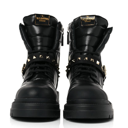 Valentino Garavani Calfskin Nylon Quilted Waterproof Rockstud Combat Boots 39 Black 2 of 8
