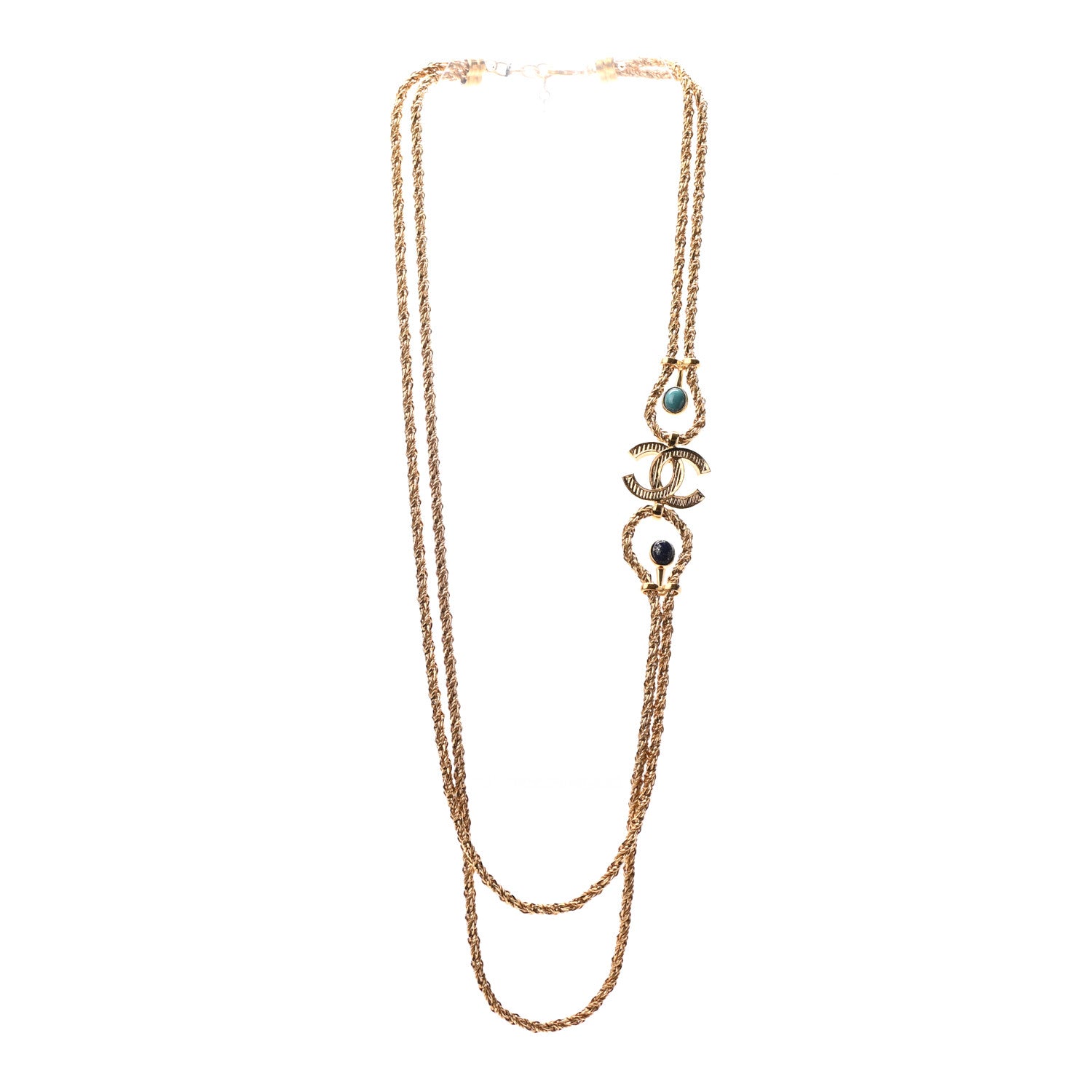Chanel Gripoix Poured Glass Braided CC Long Necklace Gold Green Blue 3 of 5