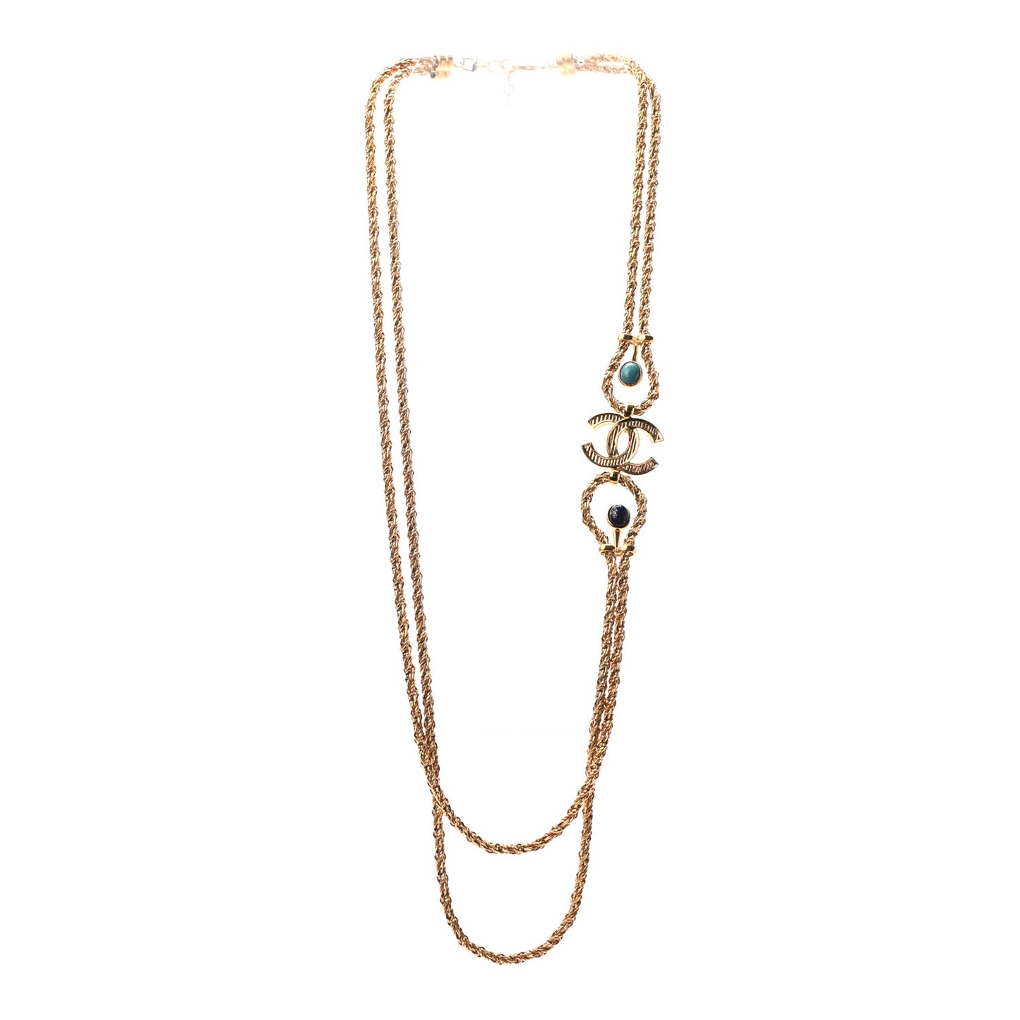 Gripoix Poured Glass Braided CC Long Necklace Gold Green Blue