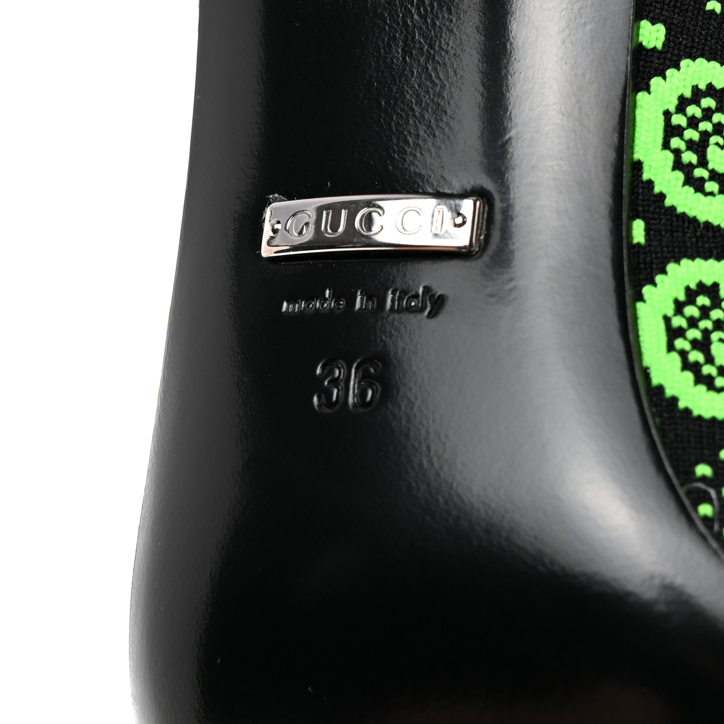 Technical Jersey Knit GG Monogram Square G 75mm Ankle Boots 36 Black Neon Green