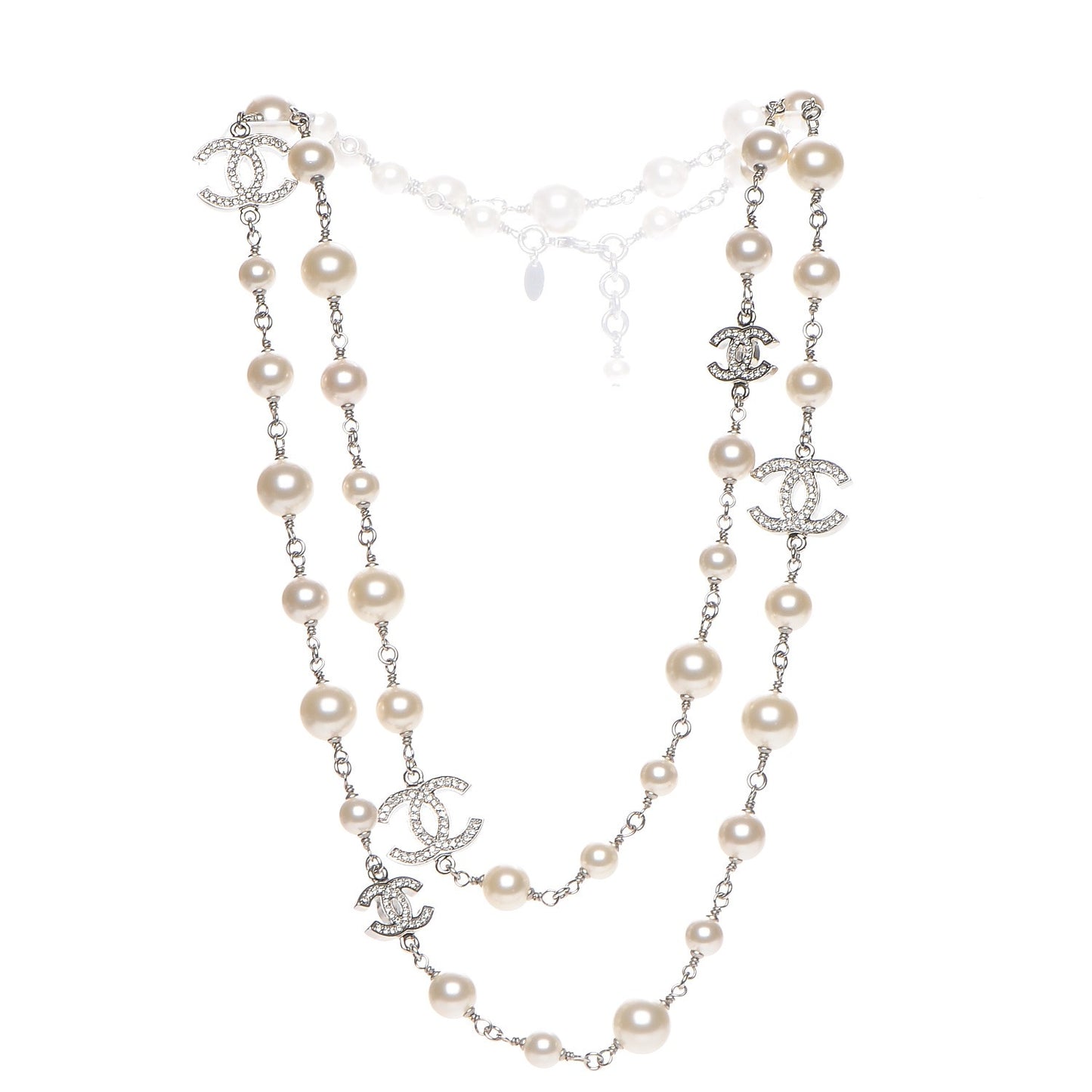 Crystal Pearl CC Long Necklace Silver