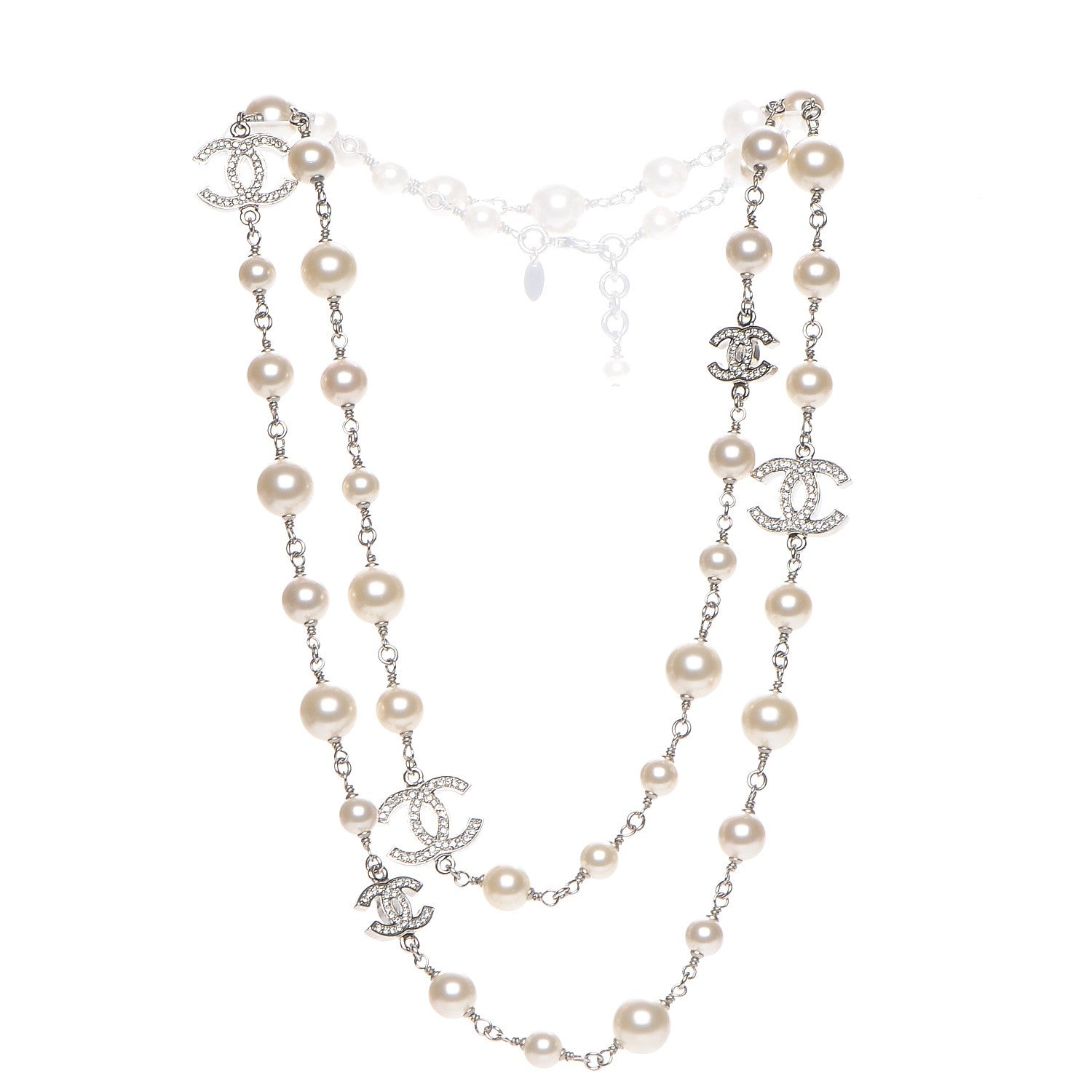 Chanel Crystal Pearl CC Long Necklace Silver 3 of 6