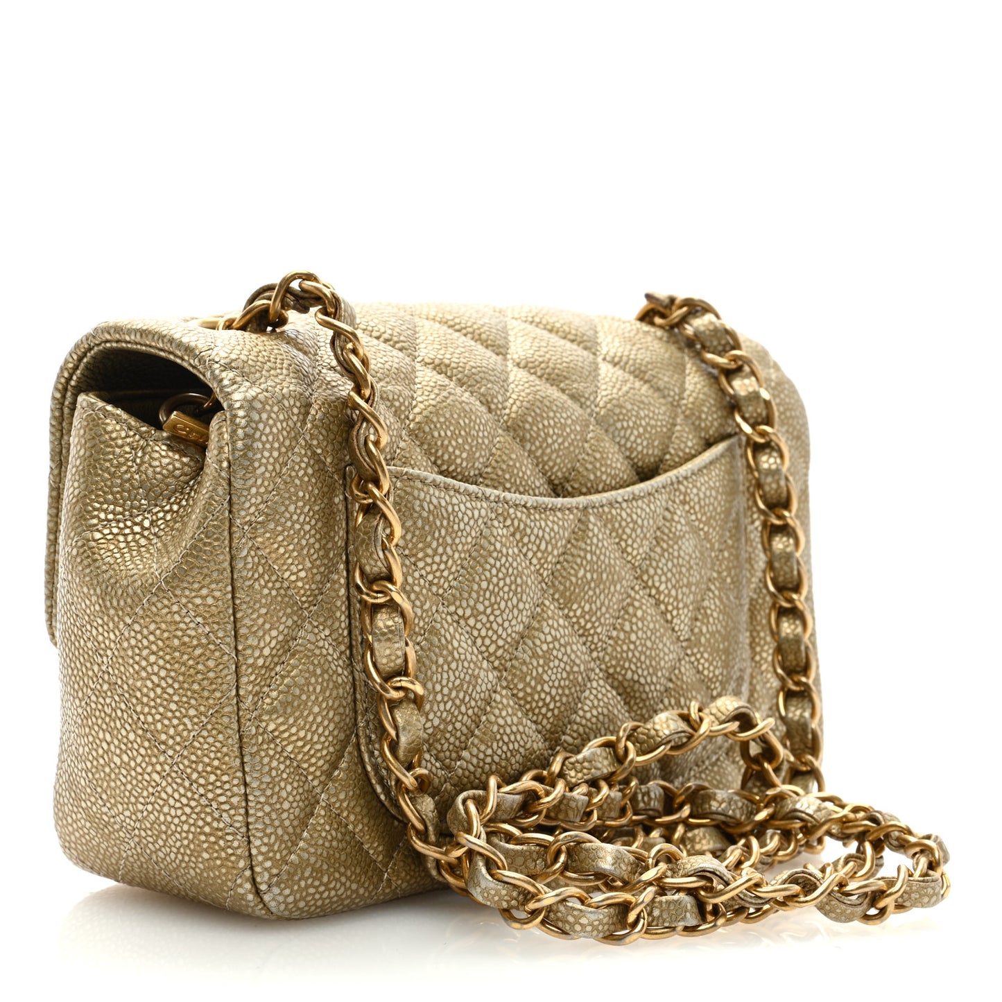 Metallic Caviar Quilted Mini Rectangular Flap Gold