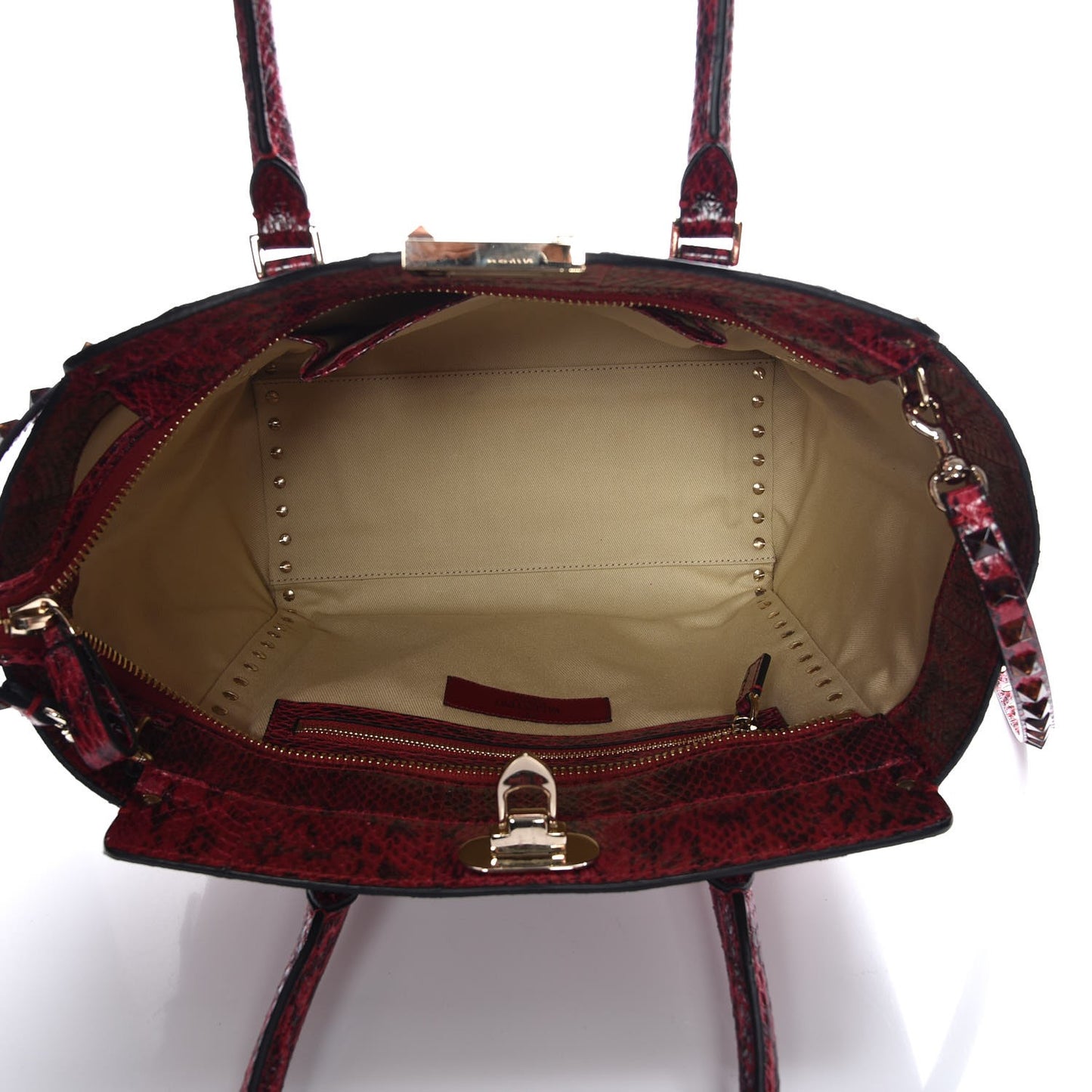 Snakeskin Rockstud Double Handle Tote Rouge
