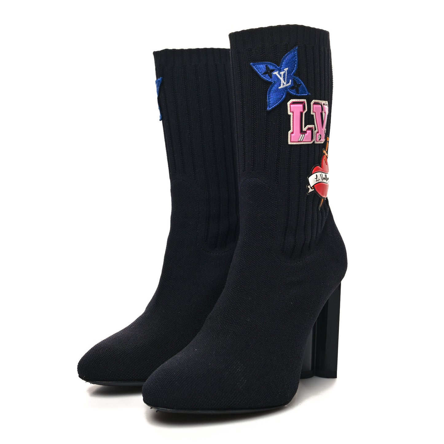 Stretch Fabric LV Black Heart Sock Ankle Boots 37.5 Black