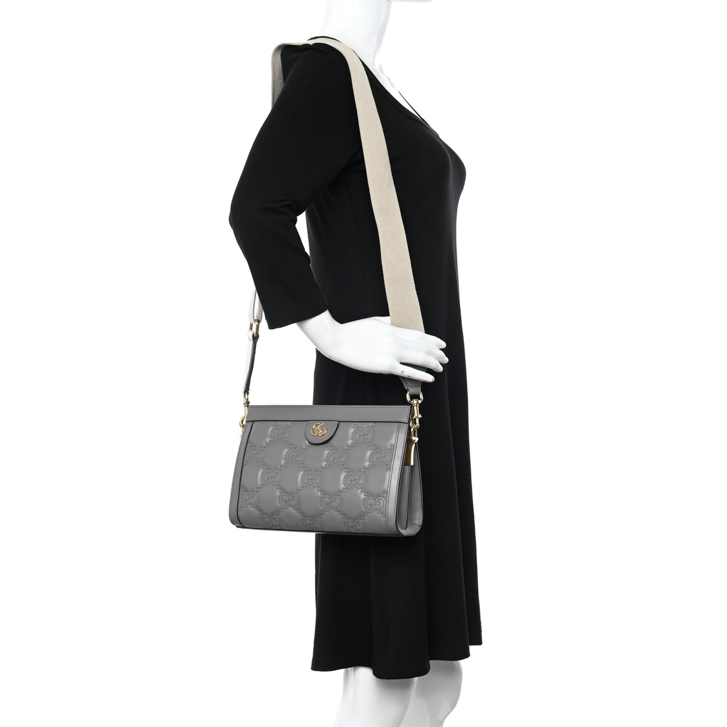 Calfskin GG Matelasse Small Slim Chain Shoulder Bag Dusty Grey Natural
