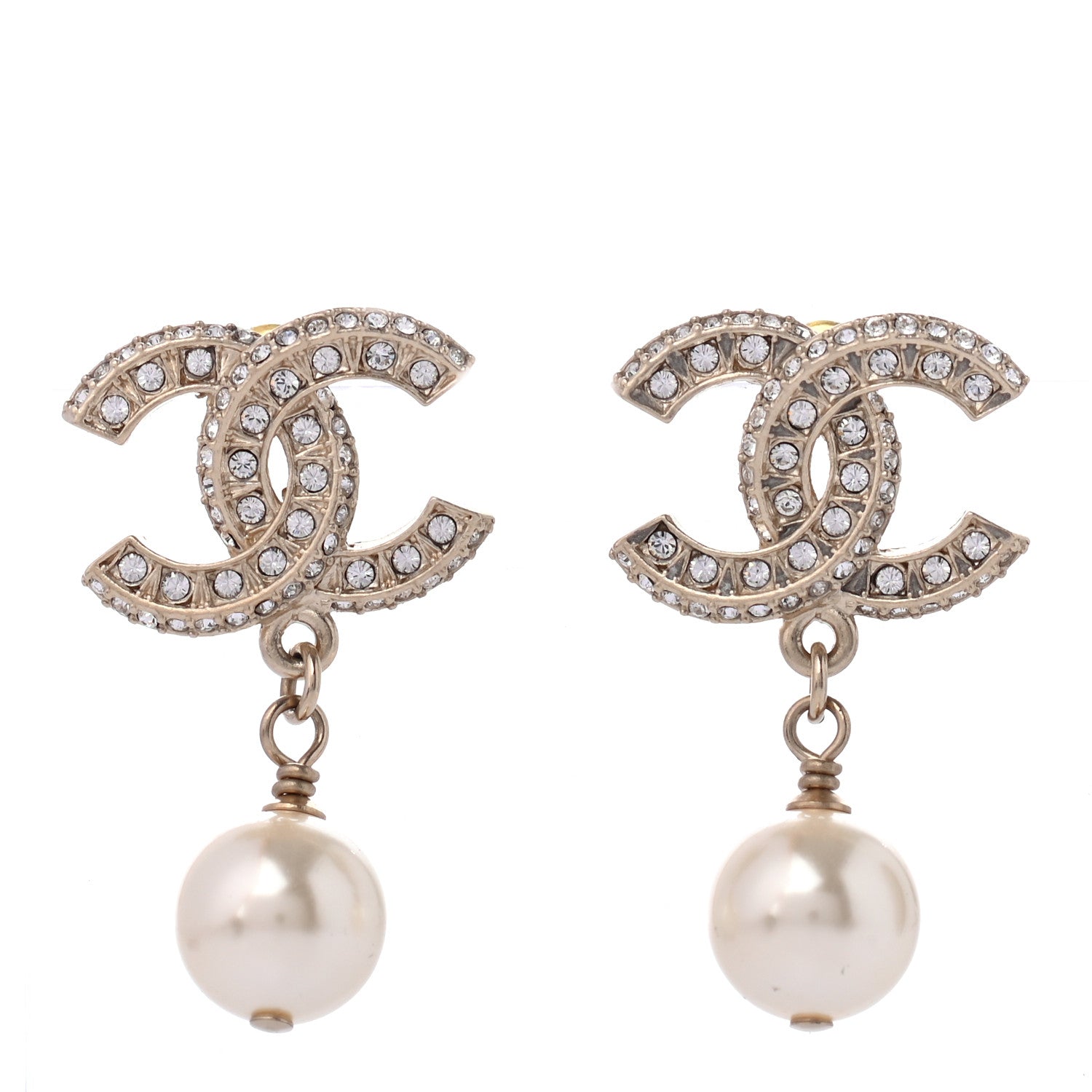 Chanel Crystal Pearl CC Drop Earrings Gold 1 of 4
