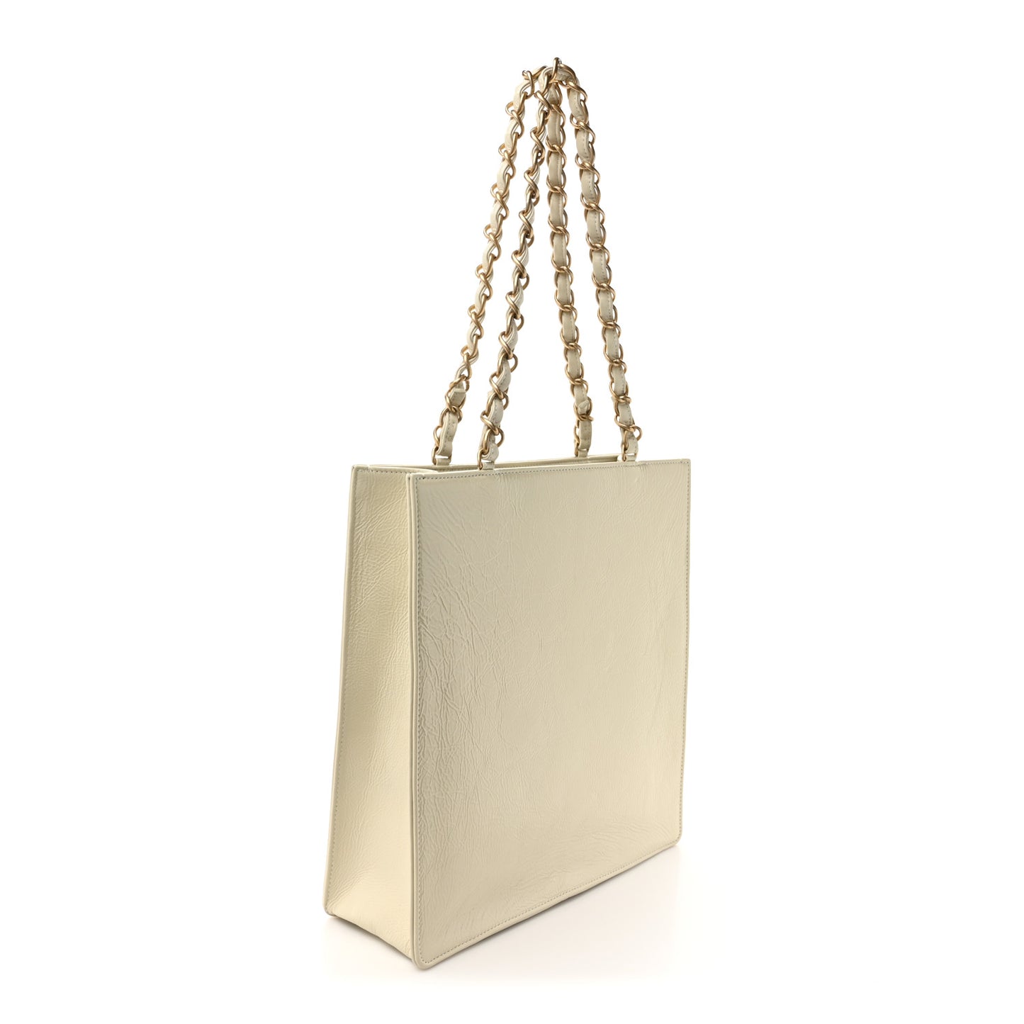 Shiny Aged Calfskin North South Shopping Bag White