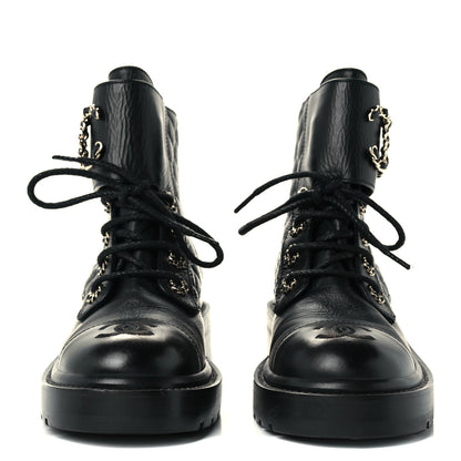 Chanel Lambskin Calfskin Quilted Lace Up Combat Boots 35.5 Black 2 of 13
