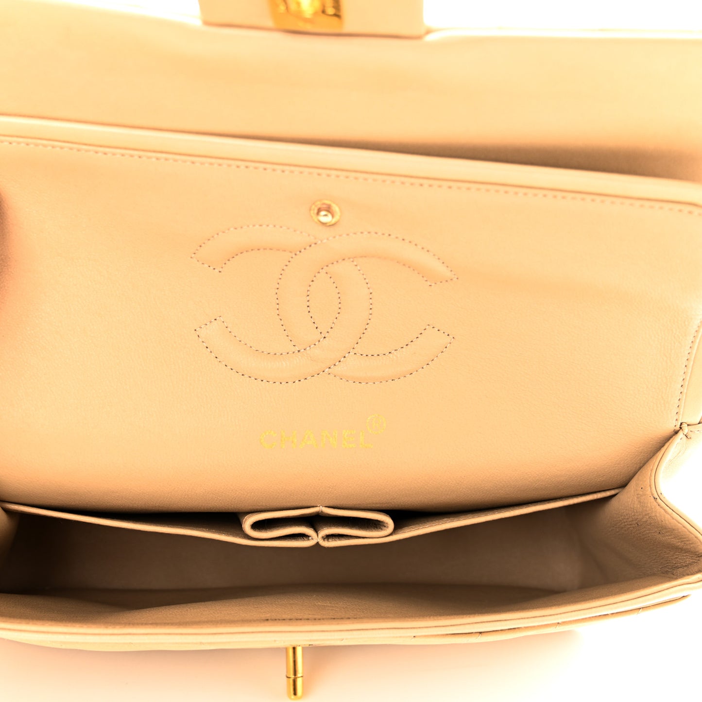 Lambskin Chevron Quilted Medium Double Flap Beige
