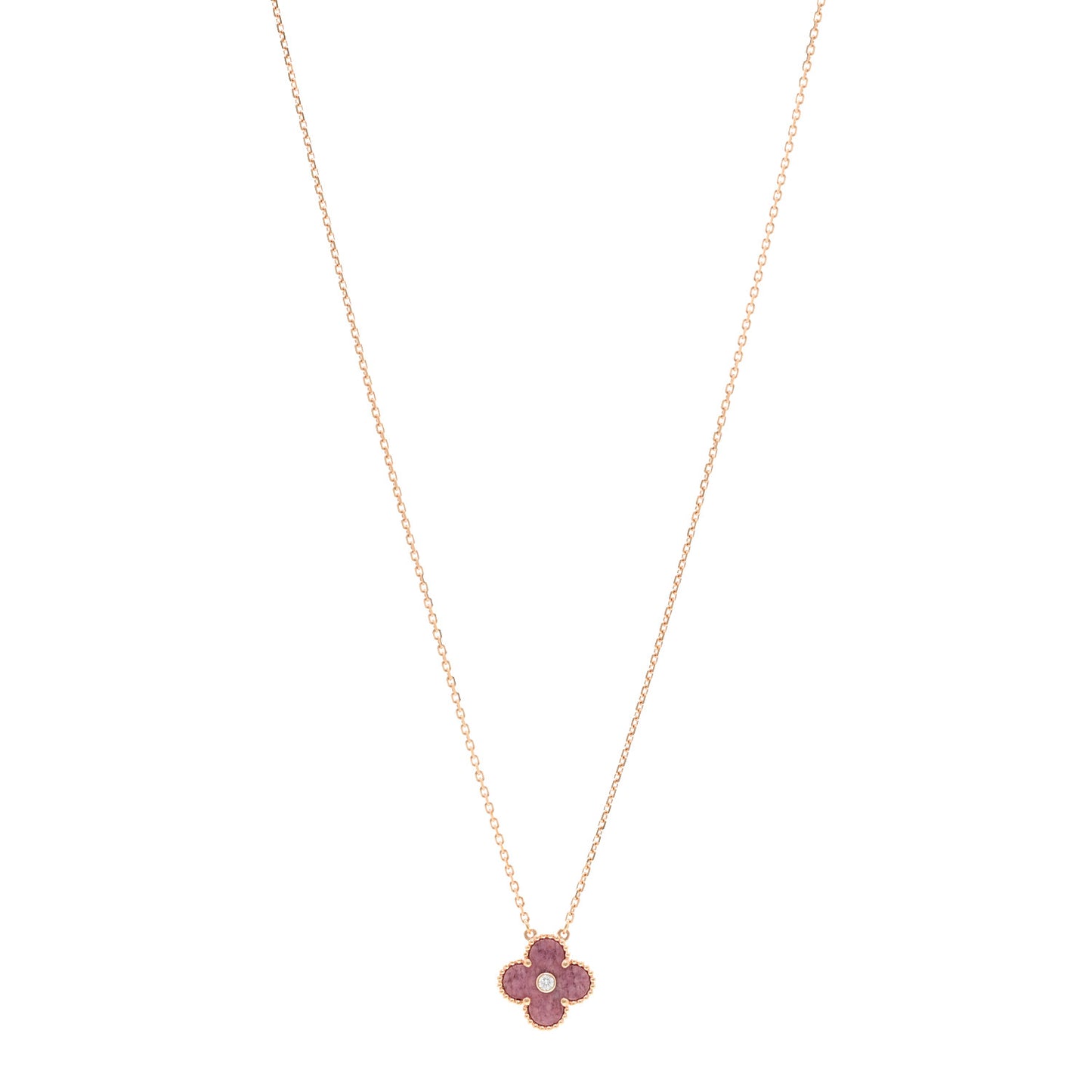 18K Rose Gold Diamond Rhodonite Vintage Alhambra Pendant Necklace